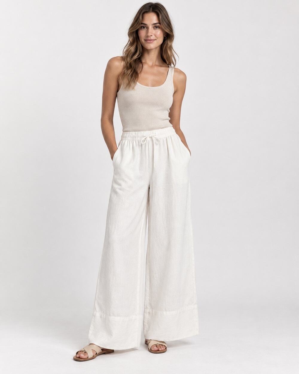 Zara White 100% Linen Wide Leg Drawstring Pants Pull-On Elastic Waist Size Small